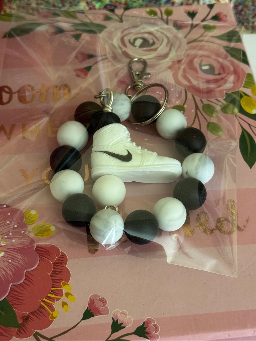 Nike Black & White Beaded Bracelet Keychain Charm